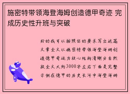 施密特带领海登海姆创造德甲奇迹 完成历史性升班与突破